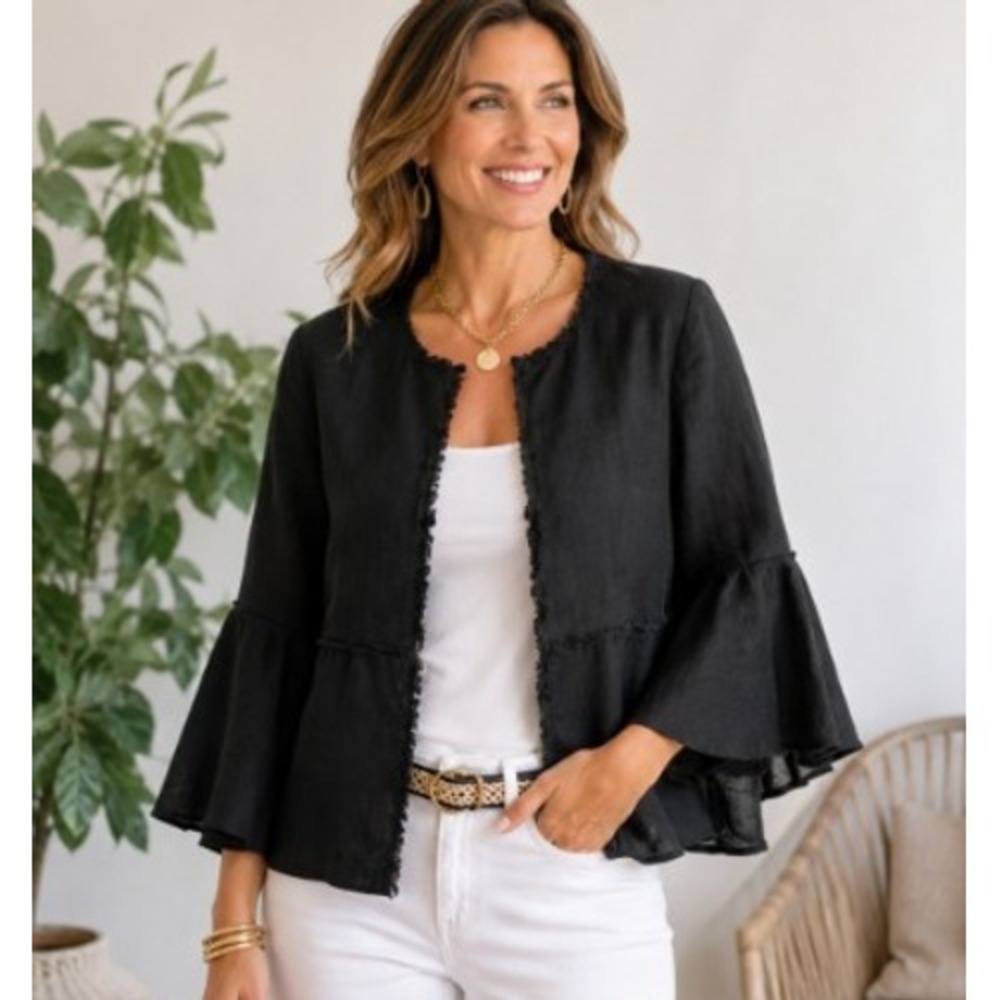 Chicos 100% Linen Crop Jacket Womens M Black Bell Sleeve Fringe Trim Boho Resort